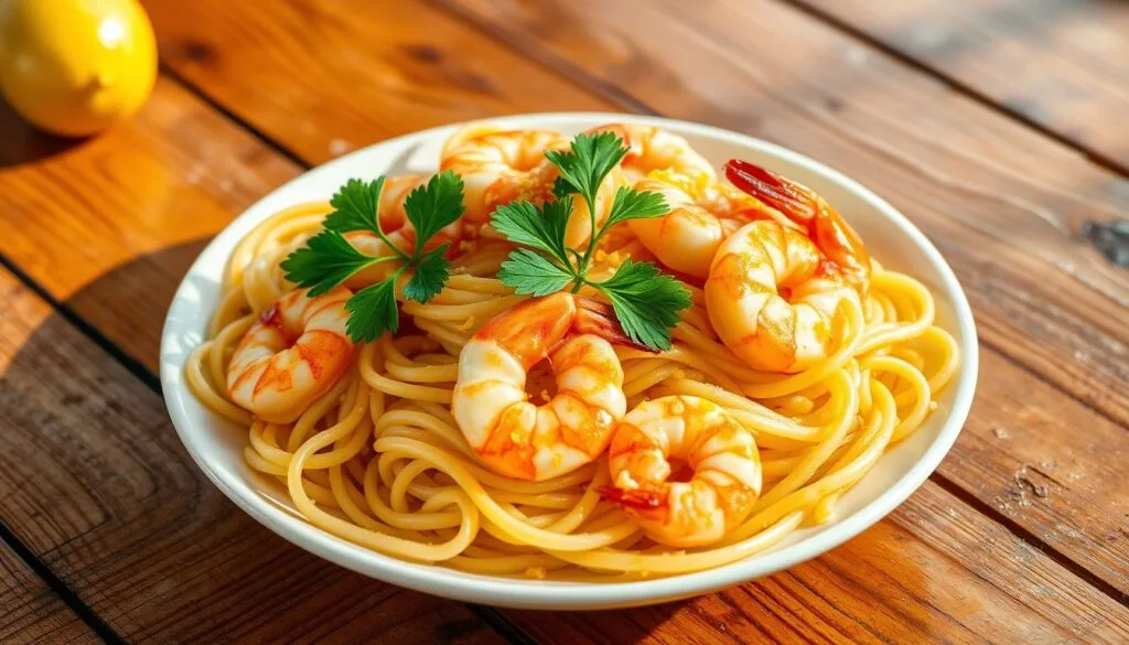 garnalen pasta met knoflook en citroen