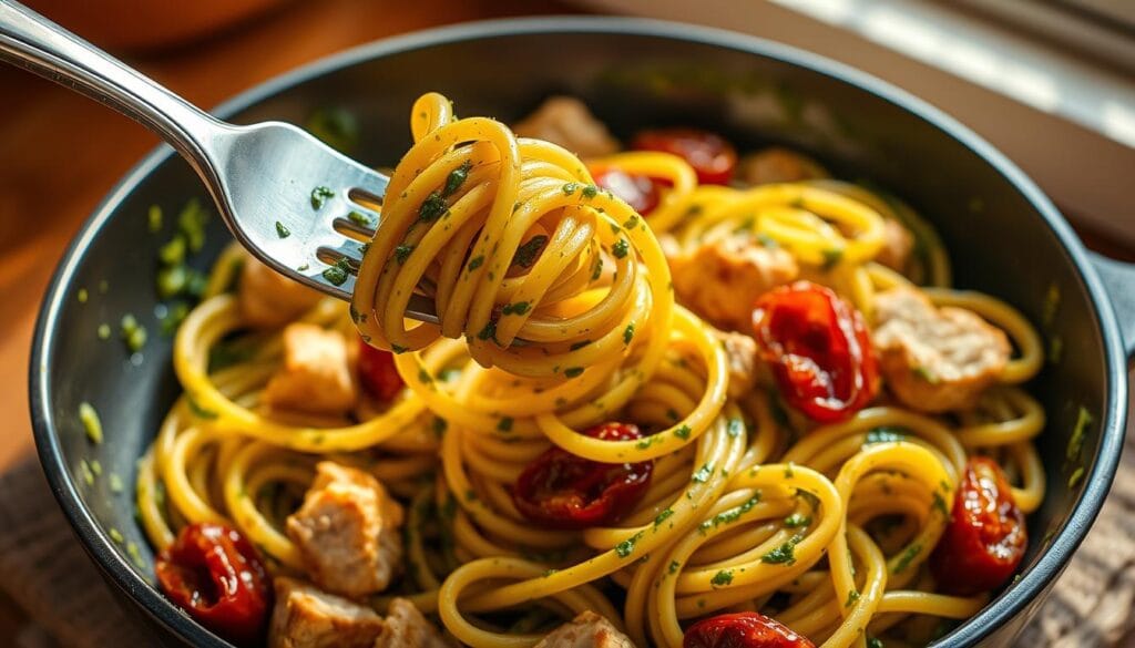 Kip pesto pasta met zongedroogde tomaten Kip pesto pasta met zongedroogde tomaten