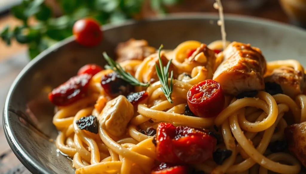 Mediterrane pasta met kip en zongedroogde tomaten Mediterrane pasta met kip en zongedroogde tomaten